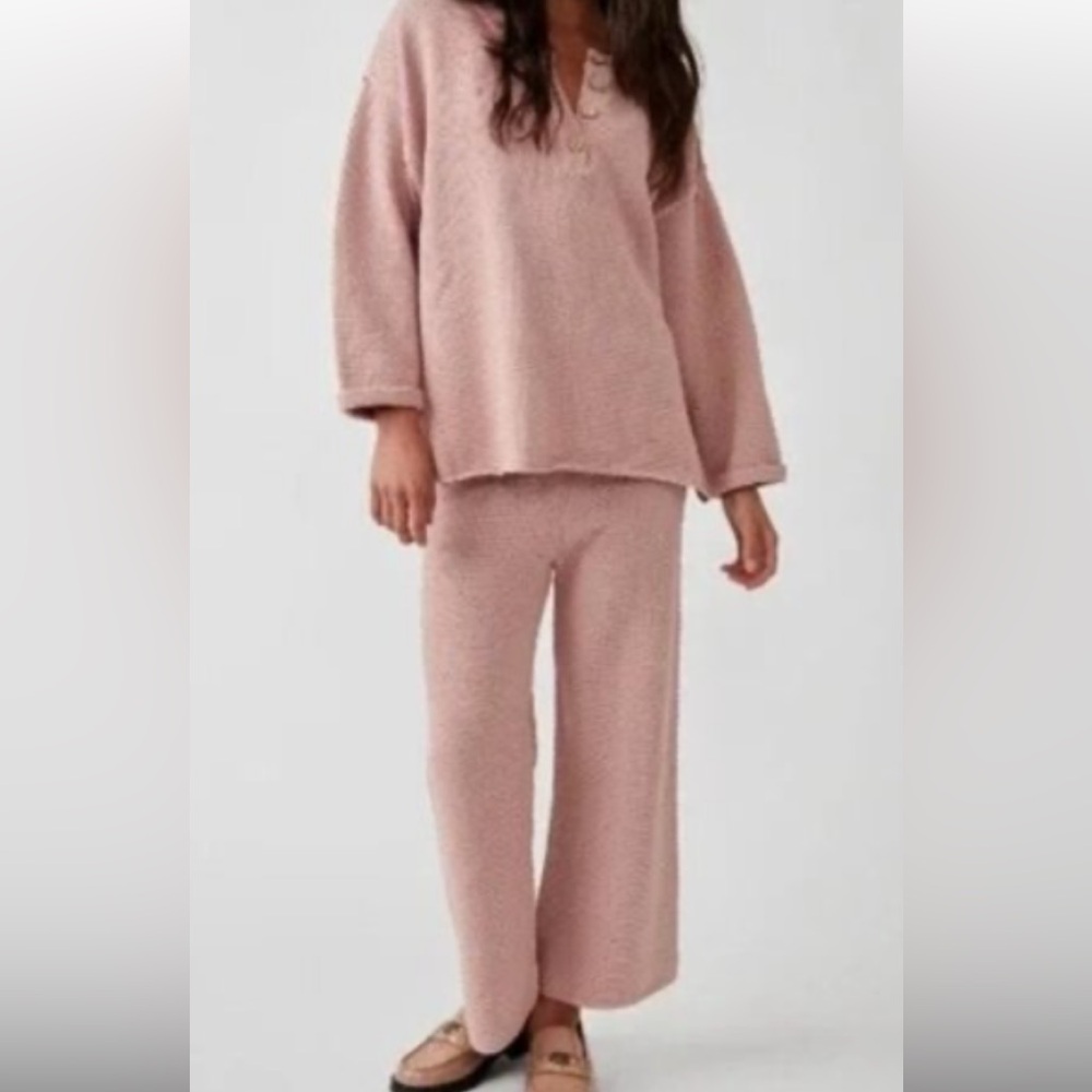 FREE PEOPLE Beach Hailee waffle knit crop pants sz L pink easy pull on lounge - Picture 4 of 9